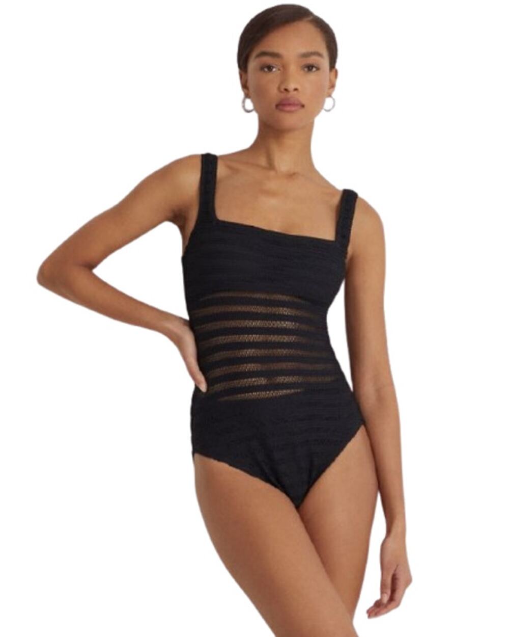 LAUREN RALPH LAUREN Ottoman One-Piece Swimsuit Size 16 Black Mesh Stripe NWT